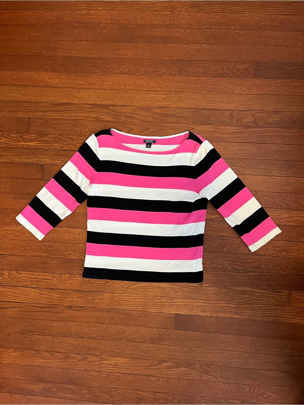 American Living Pink, Black & White Striped Boatneck Top